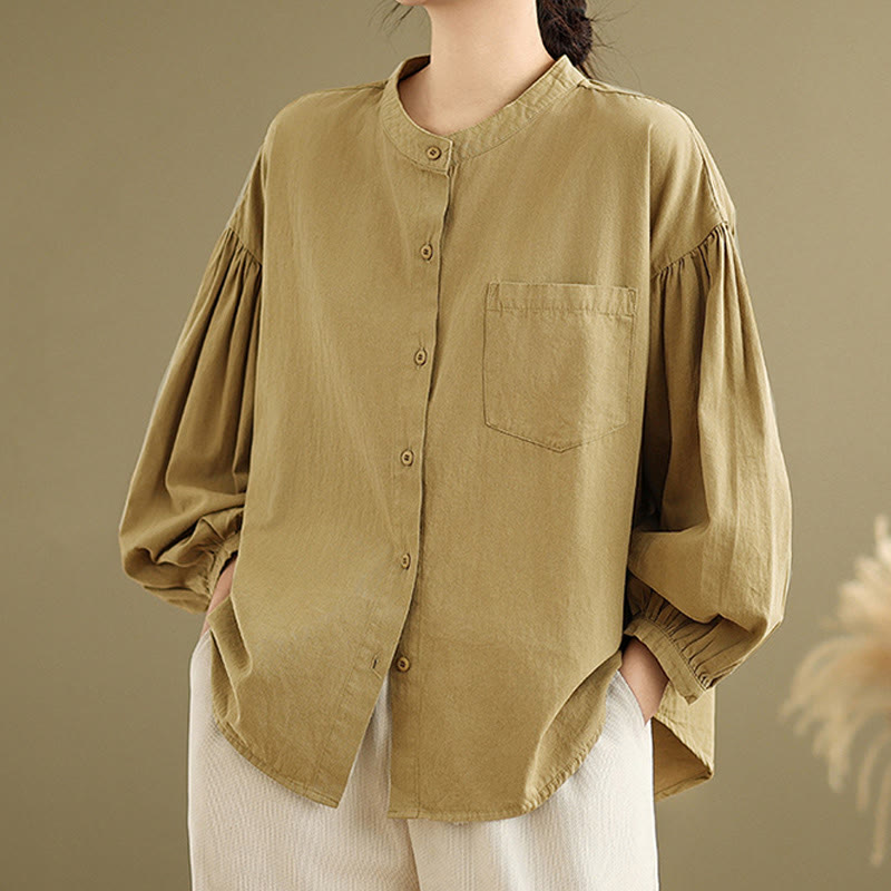 Camisa de manga larga de lino y algodón para mujer con diseño de pliegues de acordeón y botones de Buddha Stones Commute - Vara de oro oscura - US8-10，UK/AU12-14，EU40-42 (2XL) - image 1