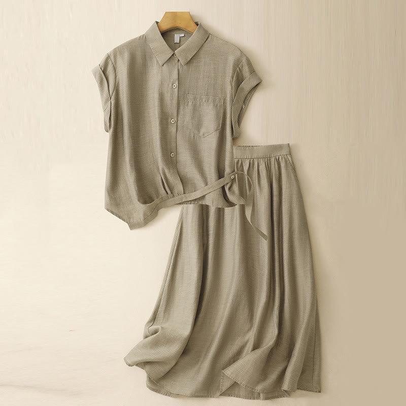 Conjunto de 2 piezas de camisa de manga corta con estampado de Buddha Stones y falda de 7-8 de largo con bolsillos de algodón y lino para mujer - Caqui oscuro - US8-10，UK/AU12-14，EU40-42 (2XL) - image 1