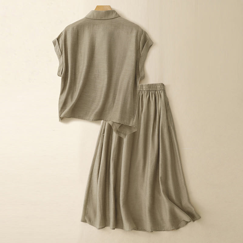 Conjunto de 2 piezas de camisa de manga corta con estampado de Buddha Stones y falda de 7-8 de largo con bolsillos de algodón y lino para mujer - image 2
