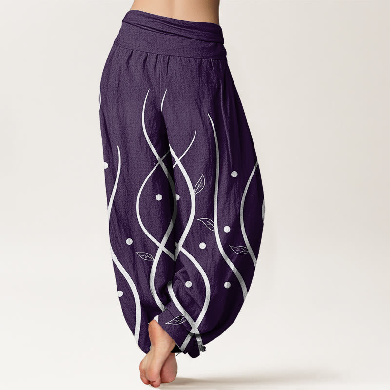 Pantalones bombachos de mujer con cintura elástica, estilo casual minimalista, estampado de hojas de vid y algodón con Buddha Stones. - image 2