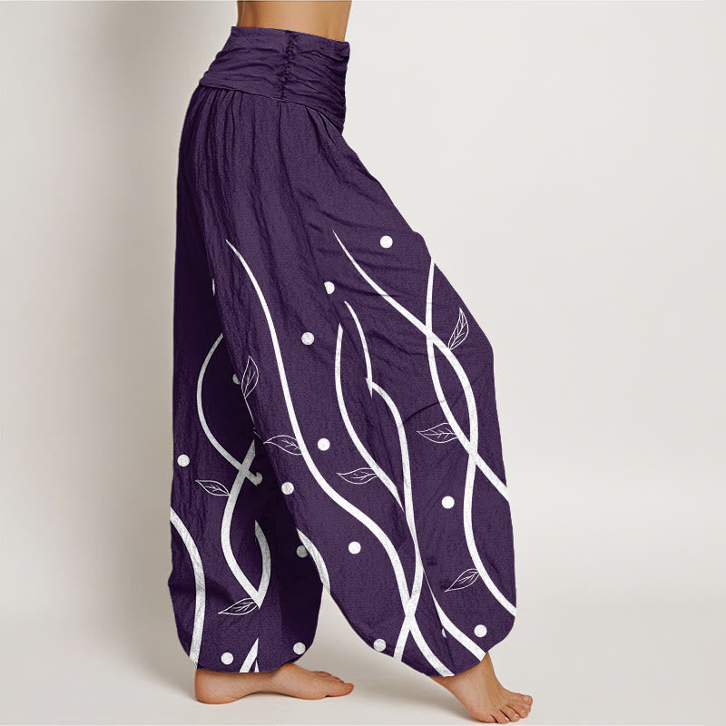 Pantalones bombachos de mujer con cintura elástica, estilo casual minimalista, estampado de hojas de vid y algodón con Buddha Stones. - image 1