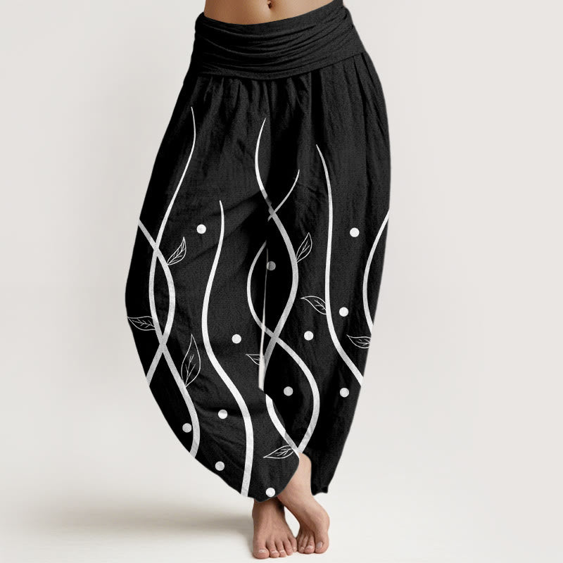 Pantalones bombachos de mujer con cintura elástica, estilo casual minimalista, estampado de hojas de vid y algodón con Buddha Stones. - Negro - US22，UK/AU26，EU54 (6XL) - image 4