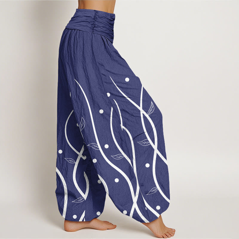 Pantalones bombachos de mujer con cintura elástica, estilo casual minimalista, estampado de hojas de vid y algodón con Buddha Stones. - image 8