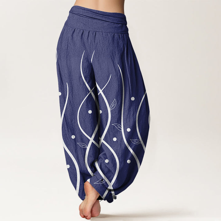 Pantalones bombachos de mujer con cintura elástica, estilo casual minimalista, estampado de hojas de vid y algodón con Buddha Stones. - image 9