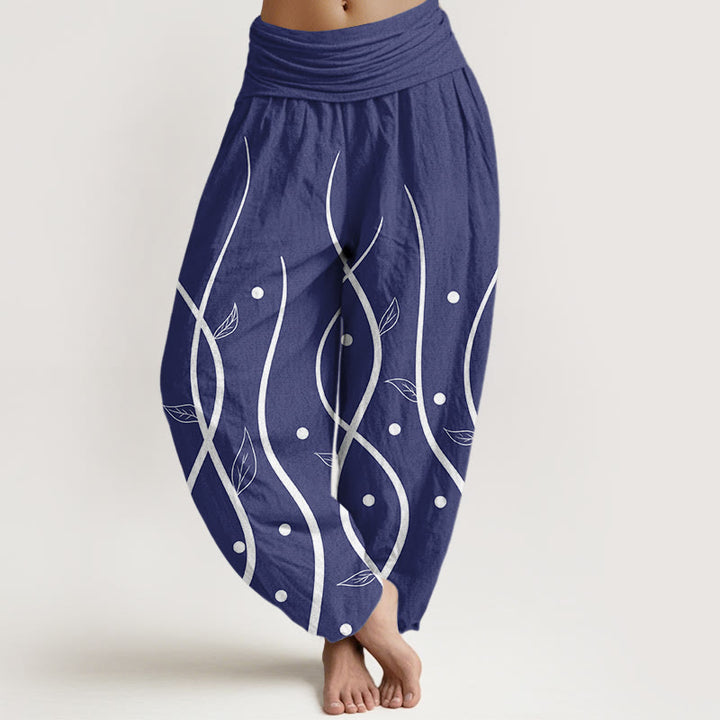 Pantalones bombachos de mujer con cintura elástica, estilo casual minimalista, estampado de hojas de vid y algodón con Buddha Stones. - Azul oscuro - US22，UK/AU26，EU54 (6XL) - image 7