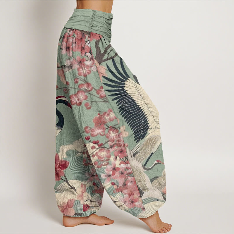 Pantalón tipo harem de cintura elástica para mujer, de algodón, estilo casual, con estampado de grullas y flores de cerezo y piedras de Buddha Stones. - image 1