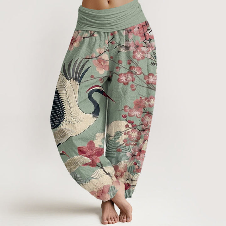 Pantalón tipo harem de cintura elástica para mujer, de algodón, estilo casual, con estampado de grullas y flores de cerezo y piedras de Buddha Stones. - Verde mar oscuro - US22，UK/AU26，EU54 (6XL) - image 0