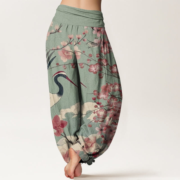 Pantalón tipo harem de cintura elástica para mujer, de algodón, estilo casual, con estampado de grullas y flores de cerezo y piedras de Buddha Stones. - image 2