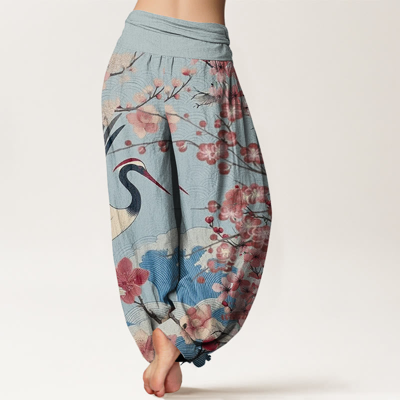 Pantalón tipo harem de cintura elástica para mujer, de algodón, estilo casual, con estampado de grullas y flores de cerezo y piedras de Buddha Stones. - image 6