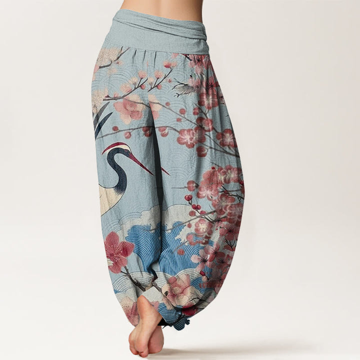 Pantalón tipo harem de cintura elástica para mujer, de algodón, estilo casual, con estampado de grullas y flores de cerezo y piedras de Buddha Stones. - image 6