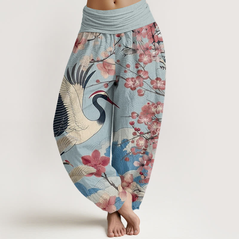 Pantalón tipo harem de cintura elástica para mujer, de algodón, estilo casual, con estampado de grullas y flores de cerezo y piedras de Buddha Stones. - Celeste - US22，UK/AU26，EU54 (6XL) - image 4