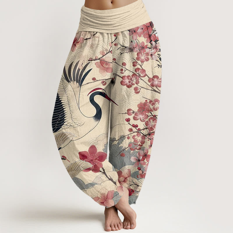 Pantalón tipo harem de cintura elástica para mujer, de algodón, estilo casual, con estampado de grullas y flores de cerezo y piedras de Buddha Stones. - PapayaWhip - US22，UK/AU26，EU54 (6XL) - image 7