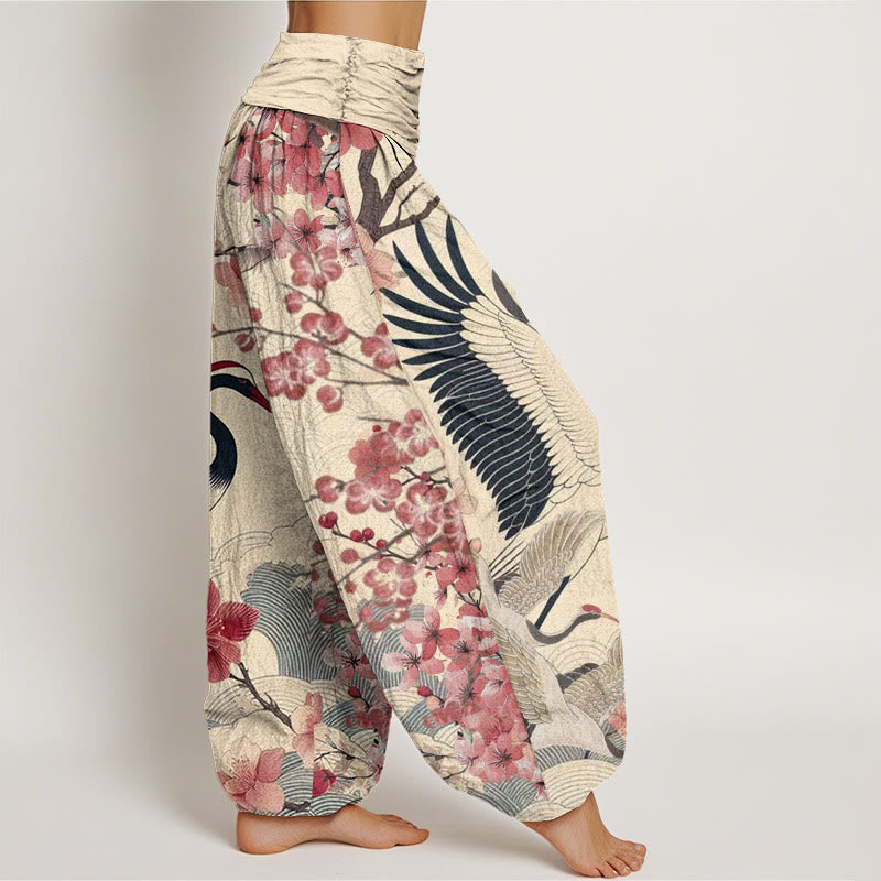 Pantalón tipo harem de cintura elástica para mujer, de algodón, estilo casual, con estampado de grullas y flores de cerezo y piedras de Buddha Stones. - image 8