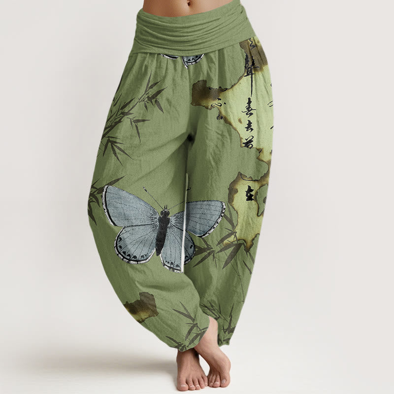 Pantalón tipo harem de cintura elástica para mujer, de algodón, estilo informal, con estampado de mariposas, hojas de bambú y caligrafía de Buddha Stones. - Verde oliva - US22，UK/AU26，EU54 (6XL) - image 0