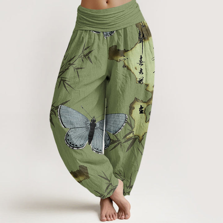 Pantalón tipo harem de cintura elástica para mujer, de algodón, estilo informal, con estampado de mariposas, hojas de bambú y caligrafía de Buddha Stones. - Verde oliva - US22，UK/AU26，EU54 (6XL) - image 0