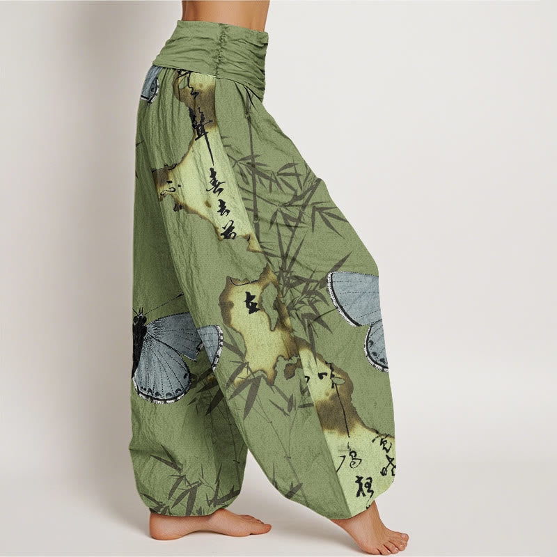 Pantalón tipo harem de cintura elástica para mujer, de algodón, estilo informal, con estampado de mariposas, hojas de bambú y caligrafía de Buddha Stones. - image 1