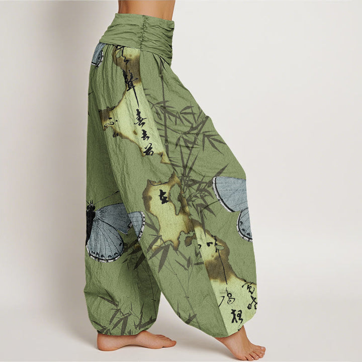 Pantalón tipo harem de cintura elástica para mujer, de algodón, estilo informal, con estampado de mariposas, hojas de bambú y caligrafía de Buddha Stones. - image 1