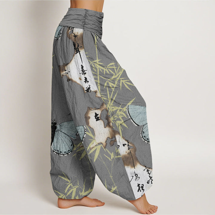 Pantalón tipo harem de cintura elástica para mujer, de algodón, estilo informal, con estampado de mariposas, hojas de bambú y caligrafía de Buddha Stones. - image 5