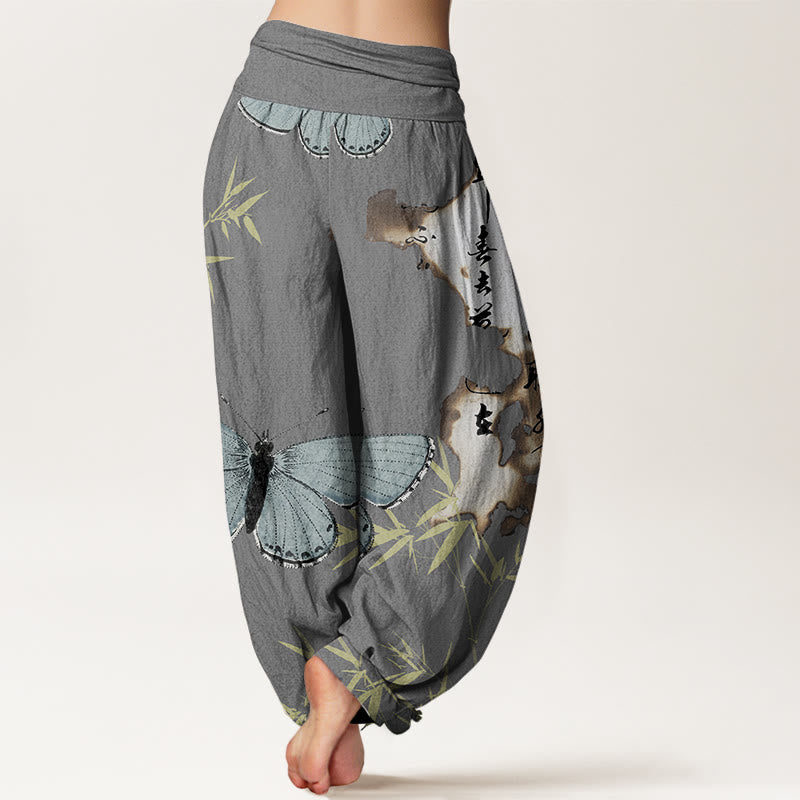 Pantalón tipo harem de cintura elástica para mujer, de algodón, estilo informal, con estampado de mariposas, hojas de bambú y caligrafía de Buddha Stones. - image 6