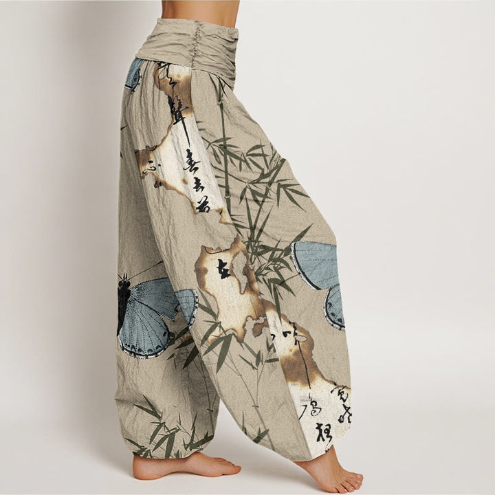 Pantalón tipo harem de cintura elástica para mujer, de algodón, estilo informal, con estampado de mariposas, hojas de bambú y caligrafía de Buddha Stones. - image 8