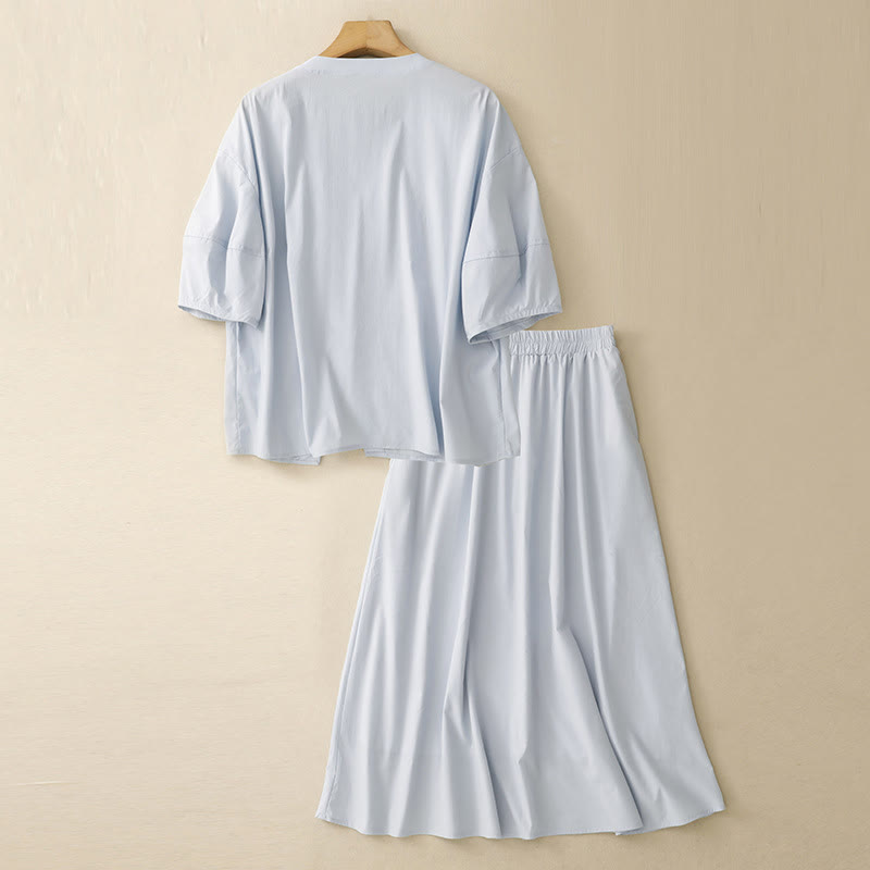 Conjunto de 2 piezas de camisa y falda de media manga con botones irregulares y bolsillos de algodón para mujer de Buddha Stones - image 2