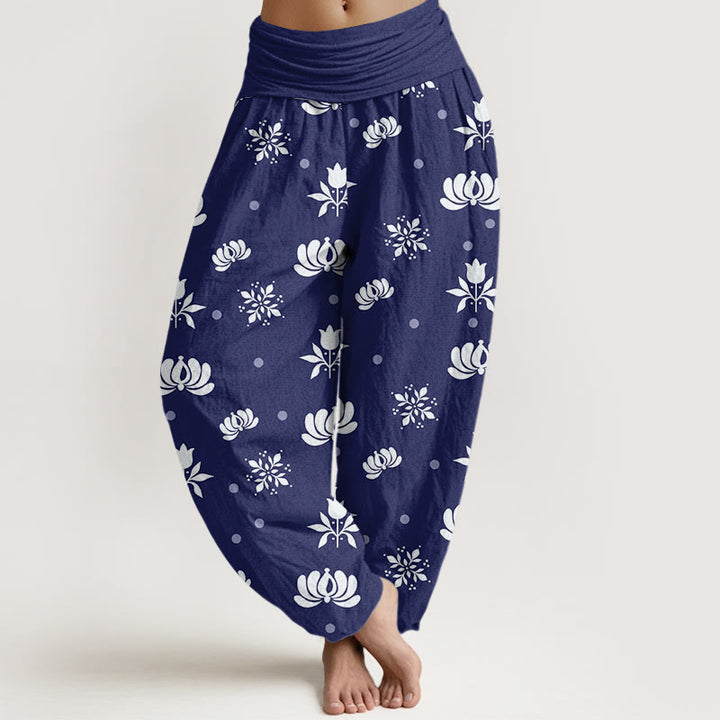 Pantalones bombachos de cintura elástica para mujer, de algodón, estilo casual, con estampado de lunares pequeños de Buddha Stones. - Azul oscuro - US22，UK/AU26，EU54 (6XL) - image 0
