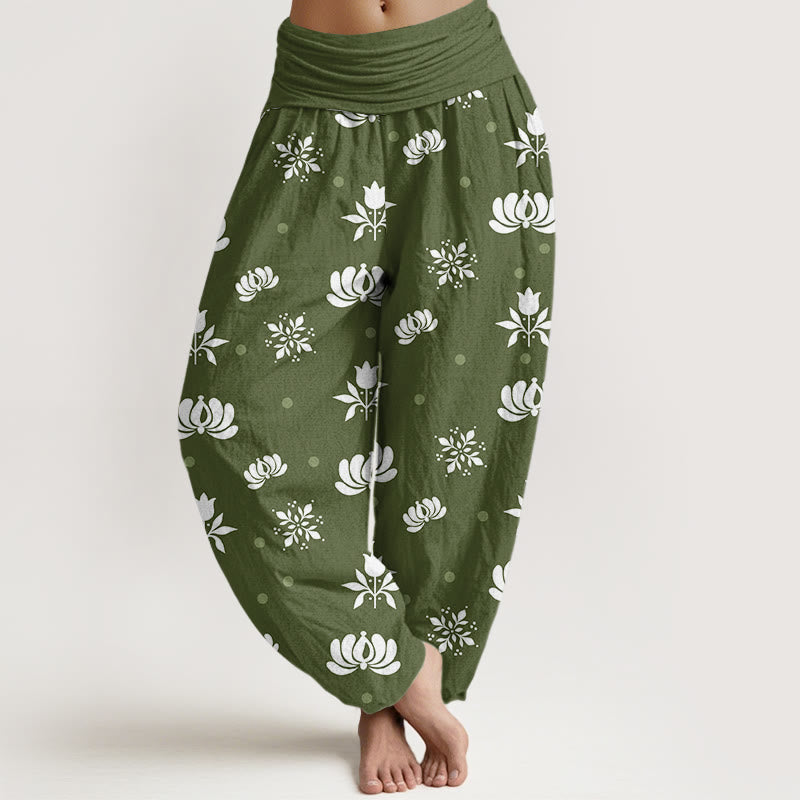 Pantalones bombachos de cintura elástica para mujer, de algodón, estilo casual, con estampado de lunares pequeños de Buddha Stones. - Verde oliva - US22，UK/AU26，EU54 (6XL) - image 4