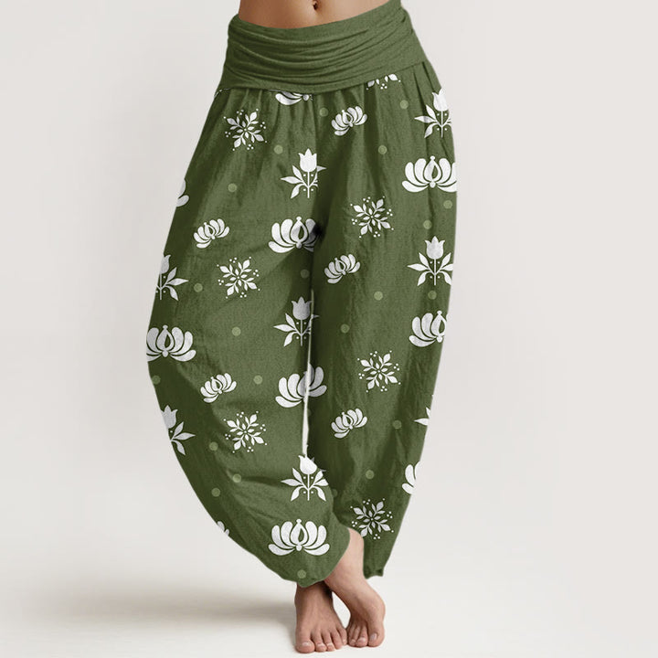 Pantalones bombachos de cintura elástica para mujer, de algodón, estilo casual, con estampado de lunares pequeños de Buddha Stones. - Verde oliva - US22，UK/AU26，EU54 (6XL) - image 4