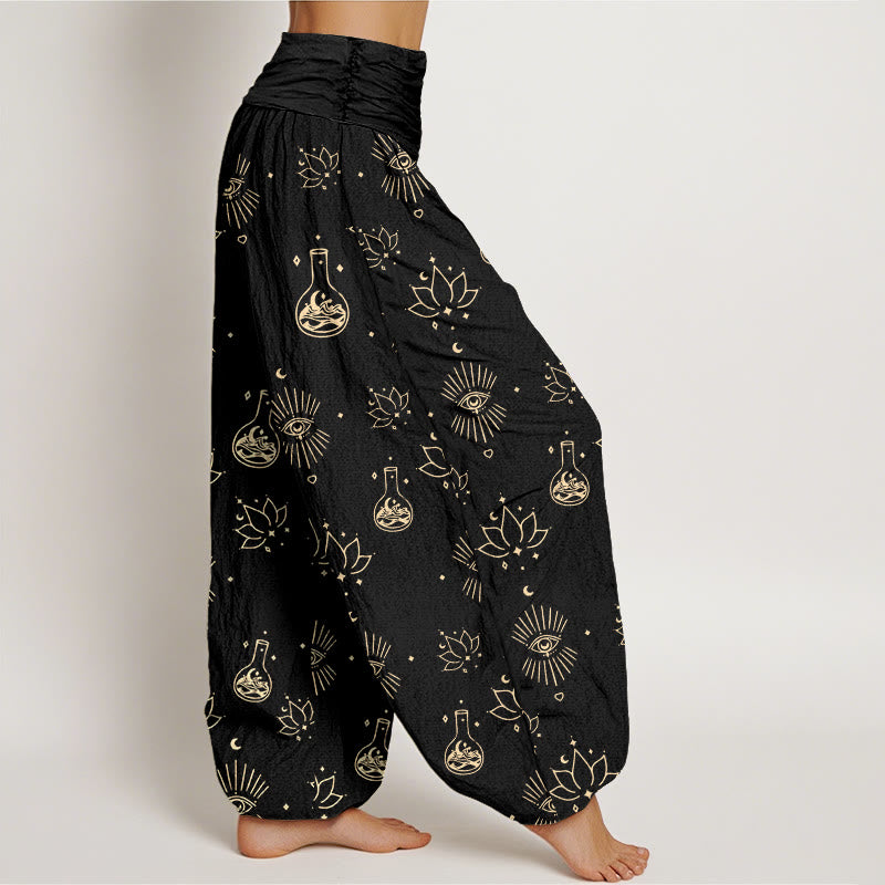 Pantalones bombachos de cintura elástica para mujer, de algodón, estilo casual, con estampado de Buddha Stones, loto y ojo de Horus. - image 1