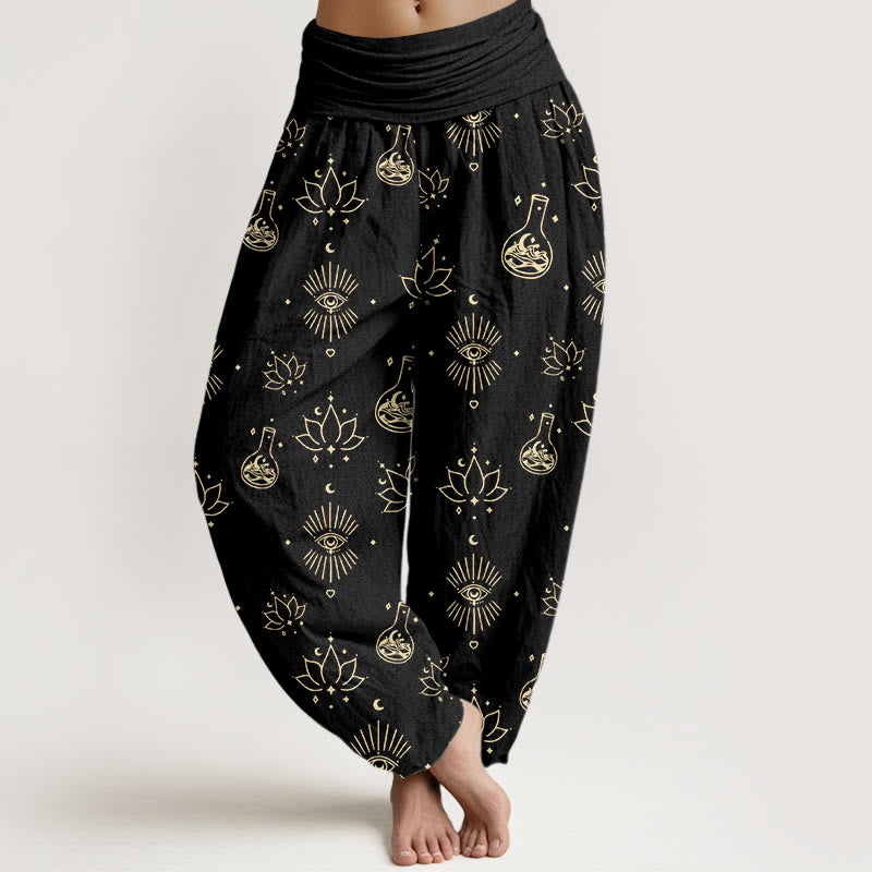 Pantalones bombachos de cintura elástica para mujer, de algodón, estilo casual, con estampado de Buddha Stones, loto y ojo de Horus. - Negro - US22，UK/AU26，EU54 (6XL) - image 0