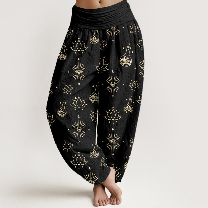 Pantalones bombachos de cintura elástica para mujer, de algodón, estilo casual, con estampado de Buddha Stones, loto y ojo de Horus. - Negro - US22，UK/AU26，EU54 (6XL) - image 0