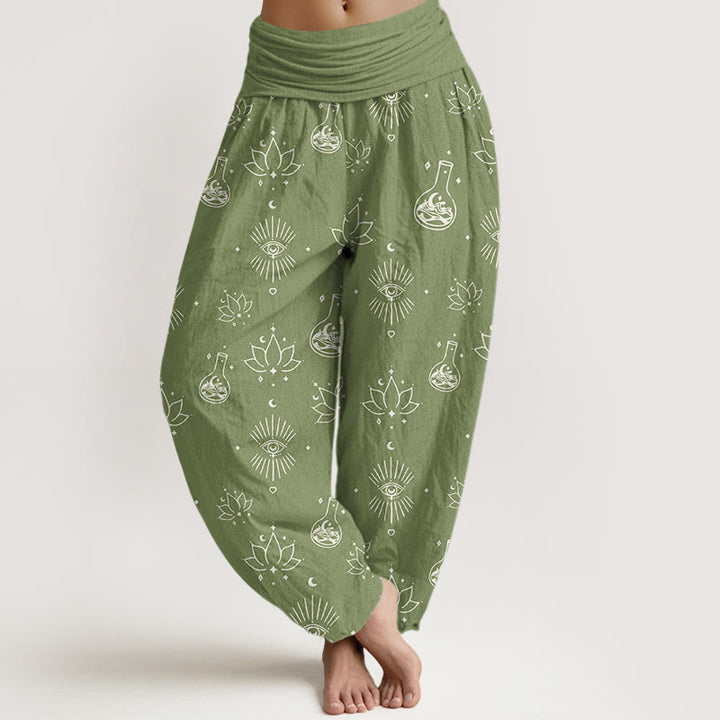 Pantalones bombachos de cintura elástica para mujer, de algodón, estilo casual, con estampado de Buddha Stones, loto y ojo de Horus. - Verde oliva - US22，UK/AU26，EU54 (6XL) - image 7