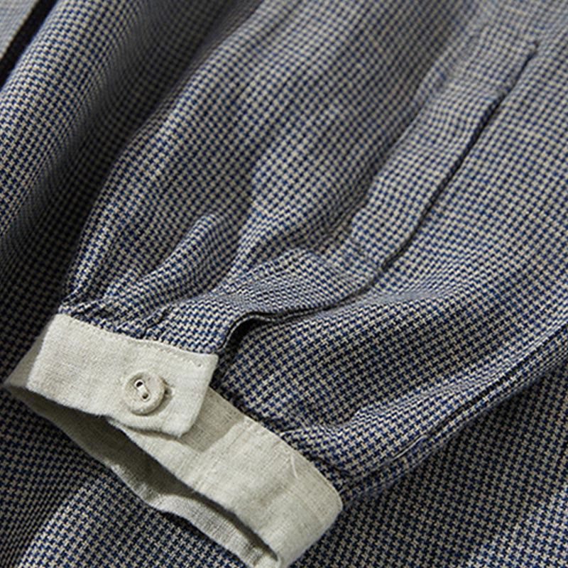Vestido midi de lino y algodón con mangas largas y bolsillos, diseño de Buddha Stones Commute DimGray Plaid Lantern - image 5