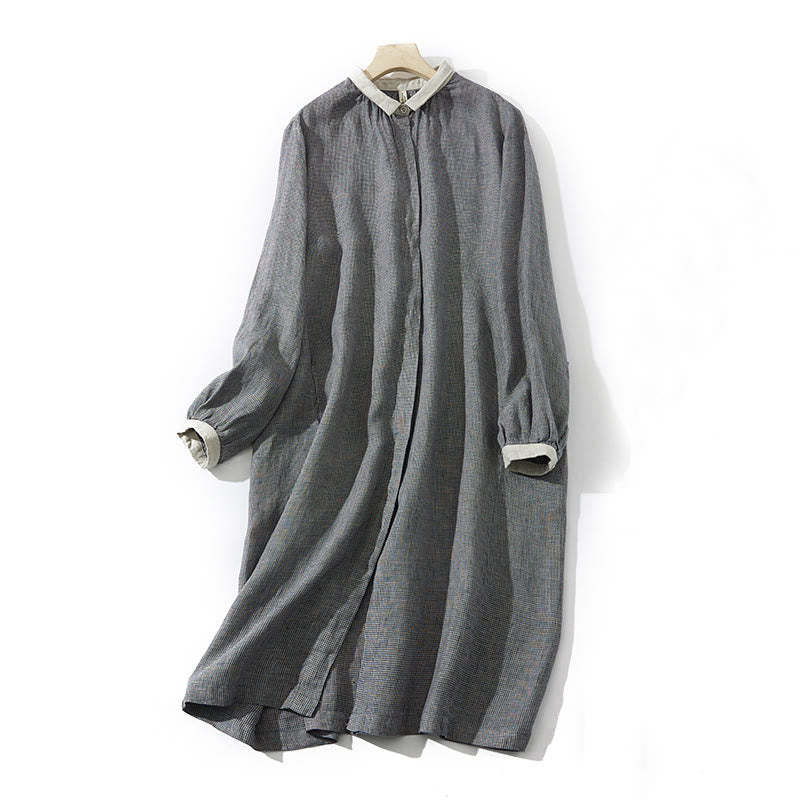 Vestido midi de lino y algodón con mangas largas y bolsillos, diseño de Buddha Stones Commute DimGray Plaid Lantern - Gris oscuro - US8-10，UK/AU12-14，EU40-42 (2XL) - image 0