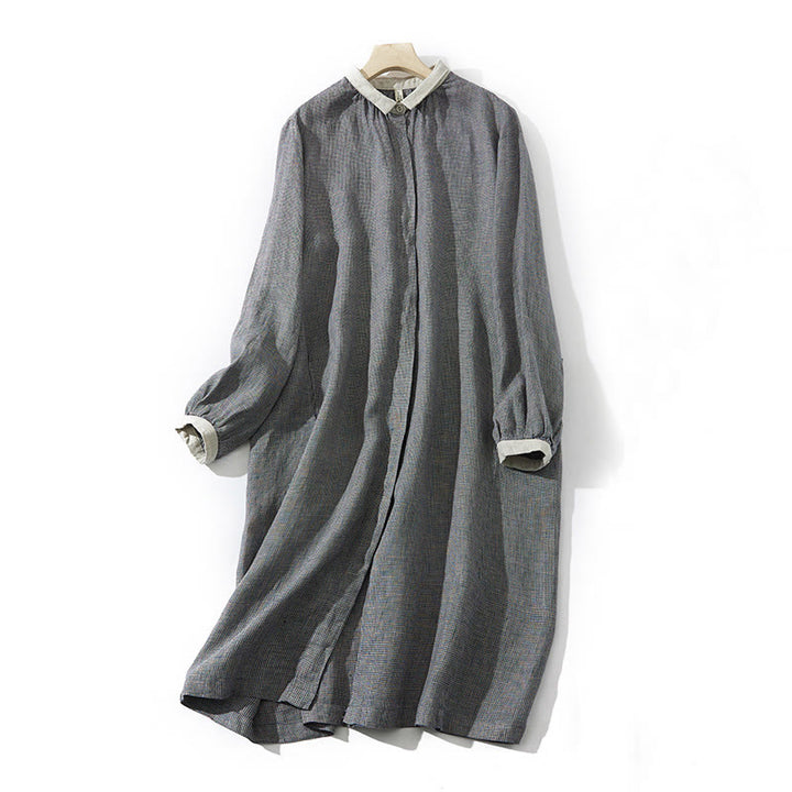 Vestido midi de lino y algodón con mangas largas y bolsillos, diseño de Buddha Stones Commute DimGray Plaid Lantern - Gris oscuro - US8-10，UK/AU12-14，EU40-42 (2XL) - image 0