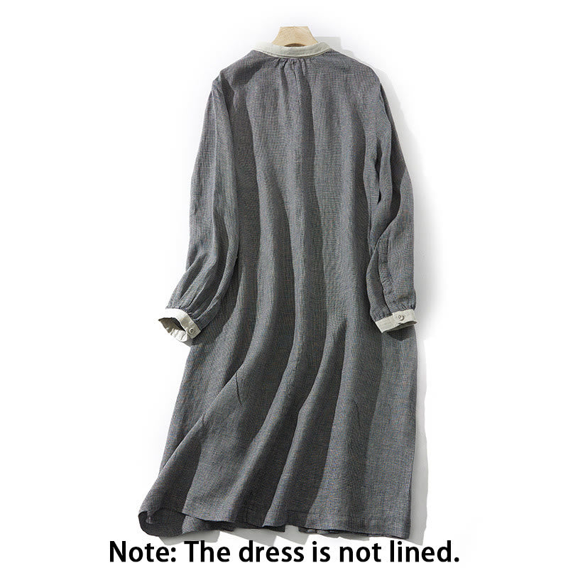 Vestido midi de lino y algodón con mangas largas y bolsillos, diseño de Buddha Stones Commute DimGray Plaid Lantern - image 1