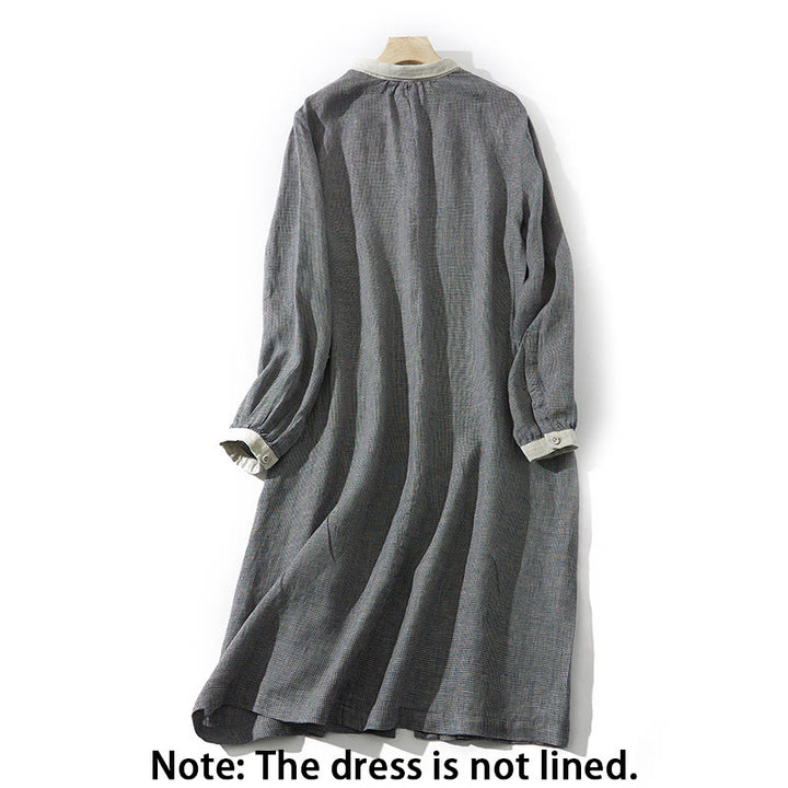 Vestido midi de lino y algodón con mangas largas y bolsillos, diseño de Buddha Stones Commute DimGray Plaid Lantern - image 1