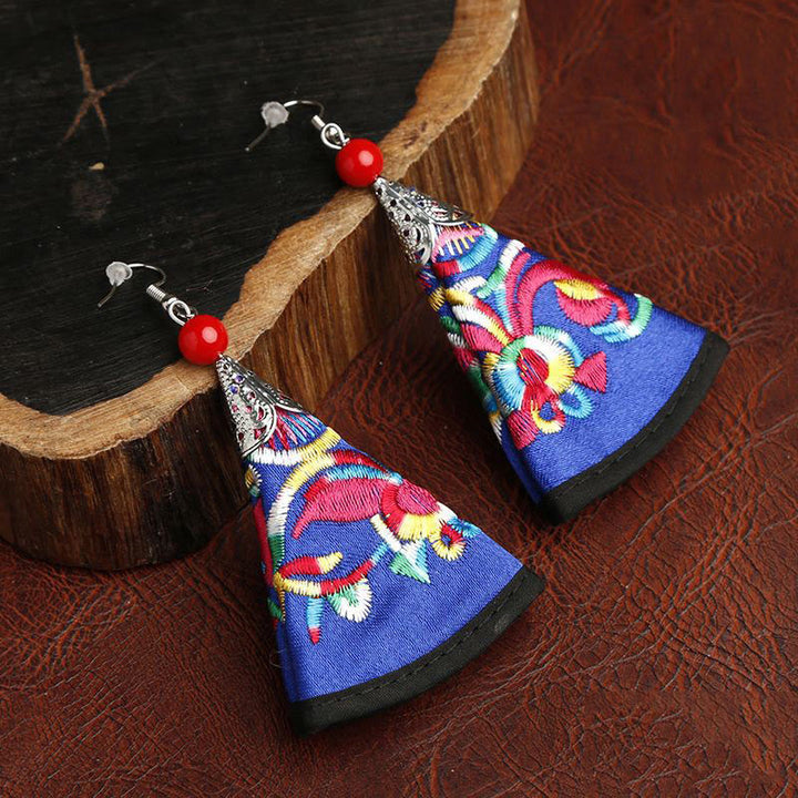 Pendientes de armonía con bordado Yi en forma de abanico y Buddha Stones hechos a mano - Azul real (postes de aleación) - image 7
