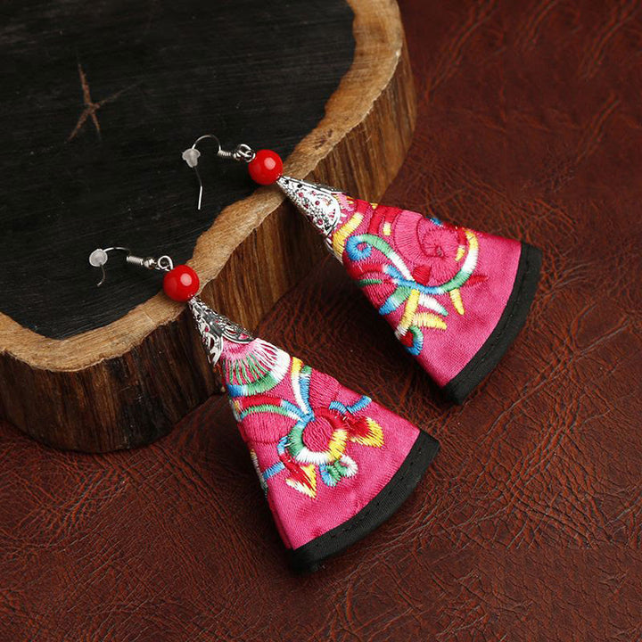 Pendientes de armonía con bordado Yi en forma de abanico y Buddha Stones hechos a mano - Rosa (postes de aleación) - image 3