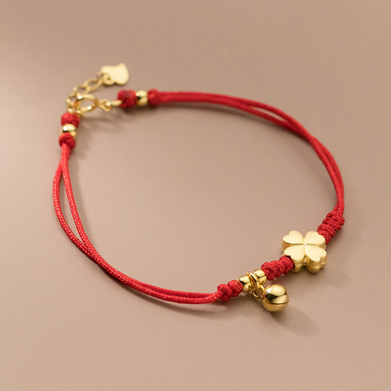 Pulsera Buddha Stones de plata de ley 925 bañada en oro con trébol de cuatro hojas y hilo rojo - image 2