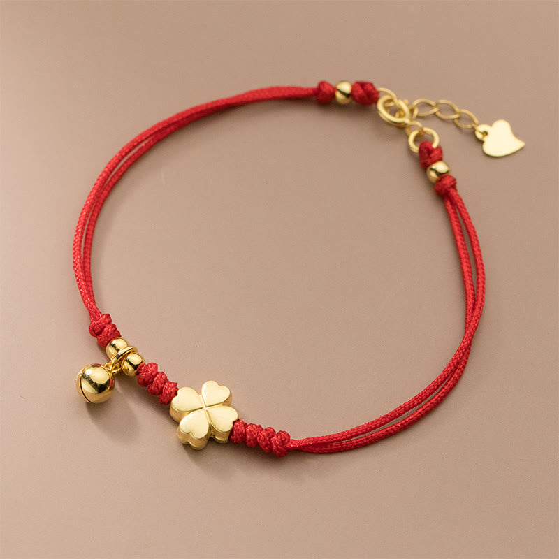 Pulsera Buddha Stones de plata de ley 925 bañada en oro con trébol de cuatro hojas y hilo rojo - image 3