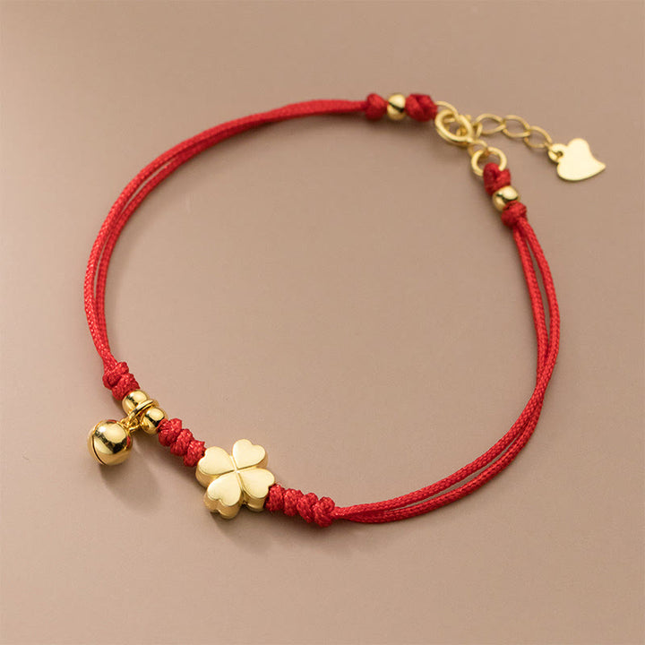 Pulsera Buddha Stones de plata de ley 925 bañada en oro con trébol de cuatro hojas y hilo rojo - image 3