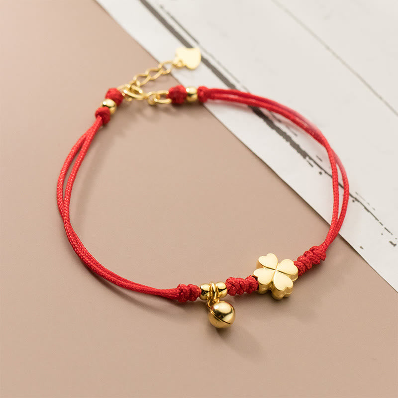 Pulsera Buddha Stones de plata de ley 925 bañada en oro con trébol de cuatro hojas y hilo rojo - Plata de ley 925 (circunferencia de la muñeca: 15-17 cm) - image 1
