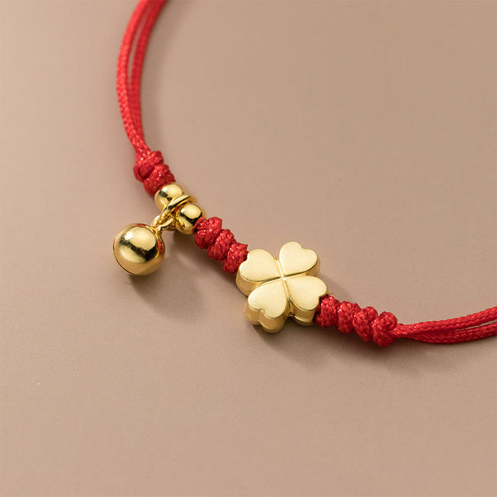 Pulsera Buddha Stones de plata de ley 925 bañada en oro con trébol de cuatro hojas y hilo rojo - image 3