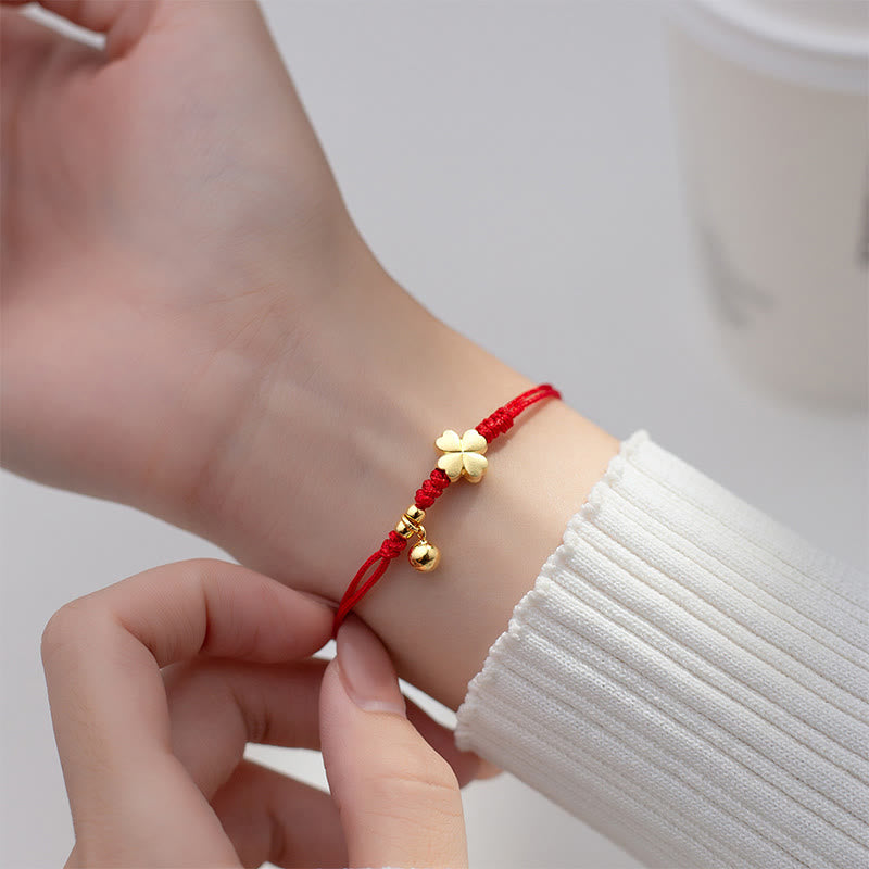 Pulsera Buddha Stones de plata de ley 925 bañada en oro con trébol de cuatro hojas y hilo rojo - image 10