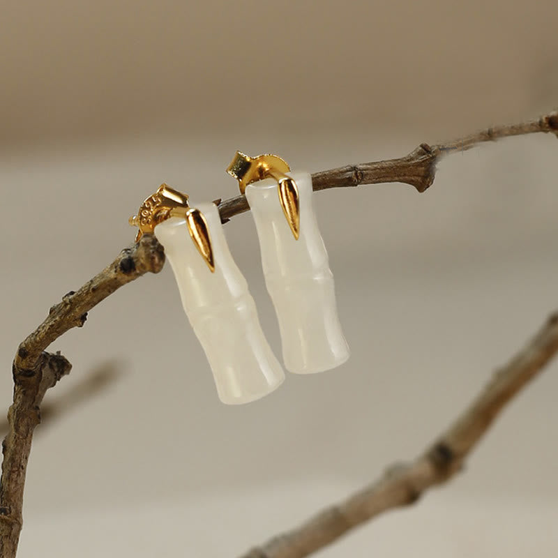 Pendientes de plata de ley 925 con hojas de jade hetiano y bambú con piedras de Buddha Stones - Jade Hetian pulido (postes de plata de ley 925) - Hojas largas de bambú - image 1