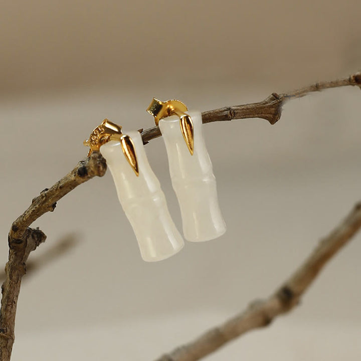 Pendientes de plata de ley 925 con hojas de jade hetiano y bambú con piedras de Buddha Stones - Jade Hetian pulido (postes de plata de ley 925) - Hojas largas de bambú - image 1