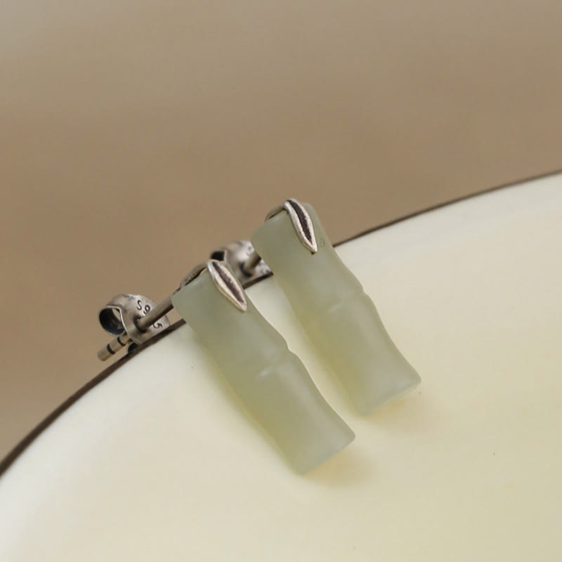 Pendientes de plata de ley 925 con hojas de jade hetiano y bambú con piedras de Buddha Stones - Mate de jade hetiano (postes de plata de ley 925) - Hojas cortas de bambú - image 10