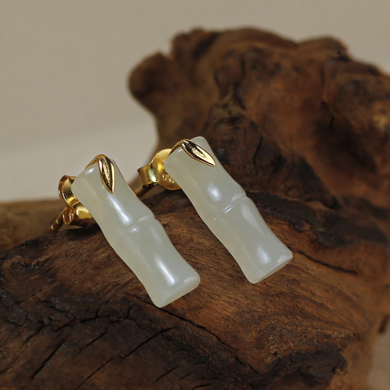 Pendientes de plata de ley 925 con hojas de jade hetiano y bambú con piedras de Buddha Stones - Jade Hetian pulido (postes de plata de ley 925) - Hojas cortas de bambú - image 2