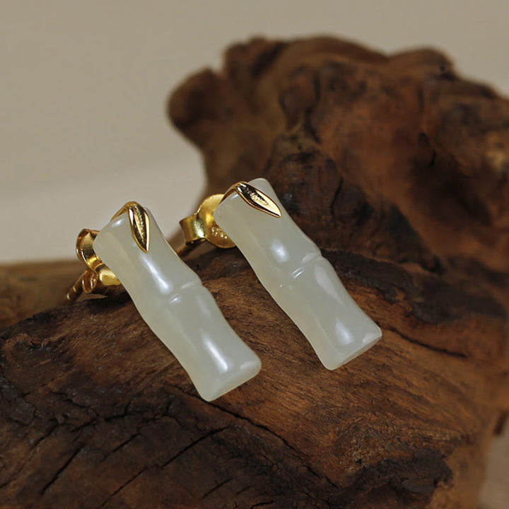 Pendientes de plata de ley 925 con hojas de jade hetiano y bambú con piedras de Buddha Stones - Jade Hetian pulido (postes de plata de ley 925) - Hojas cortas de bambú - image 2